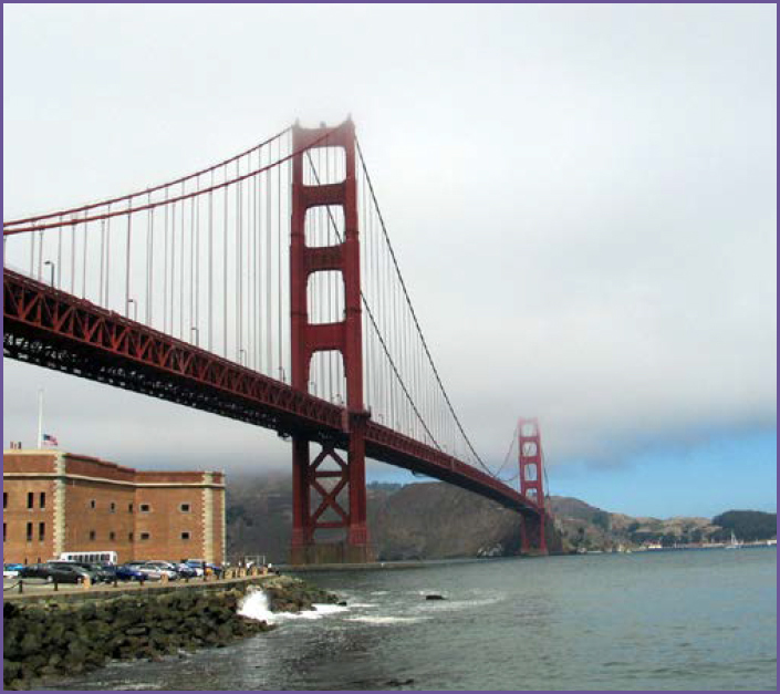 Looking north from San Francisco, Fort Point nestles under the south end of the Golden Gate Bridge. 