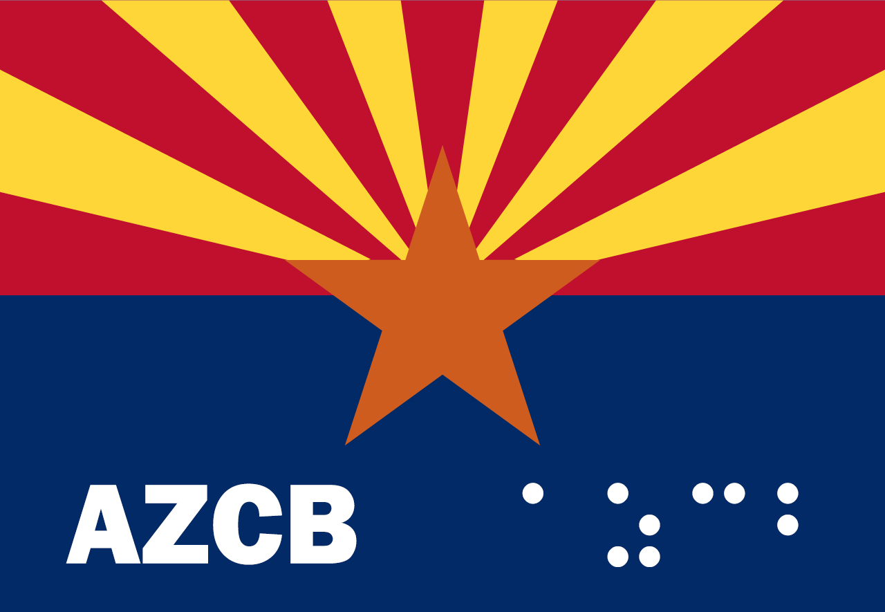 Red and Yellow thick rays spread out to the top from a gold star at the center, above a deep solid blue section at the botom forming the Arizona Flag. At the bottom left AZCB is overlayed in white text and at the right braille characters depict AZCB also in white.