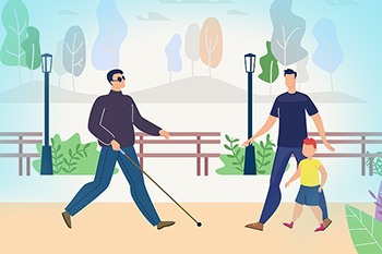 Illustration of blind man with cane walking on sidewalk