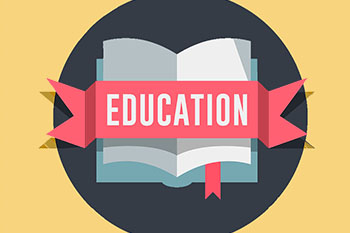 Illustration of an opened book with the word "Education" on a red banner against a black and gold background