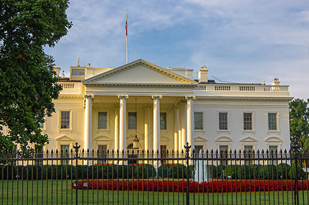 White House building  in DC- front view on a bright sunny day